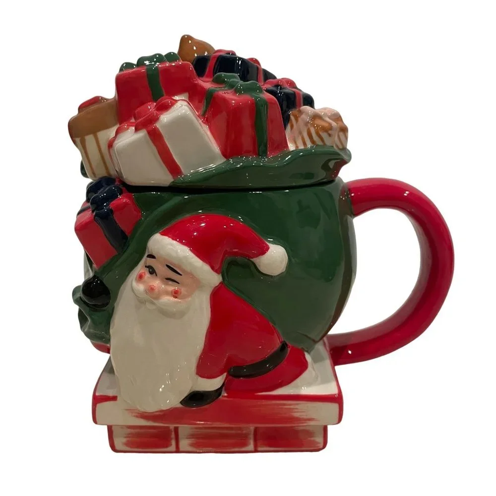 West Elm Figural Santa Claus Christmas Presents Lidded Holiday Mug 16 oz